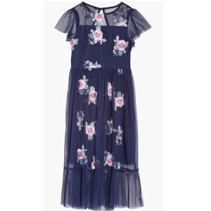 Elegant Navy Kids Dress with Floral Embroidery